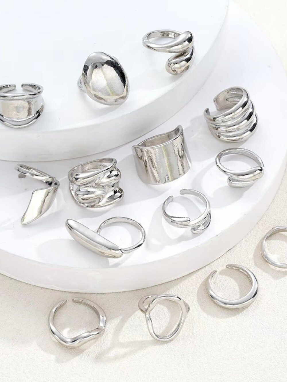 10pc Mix & Match Silver Tone Chunky Dome Open Band Ring Set